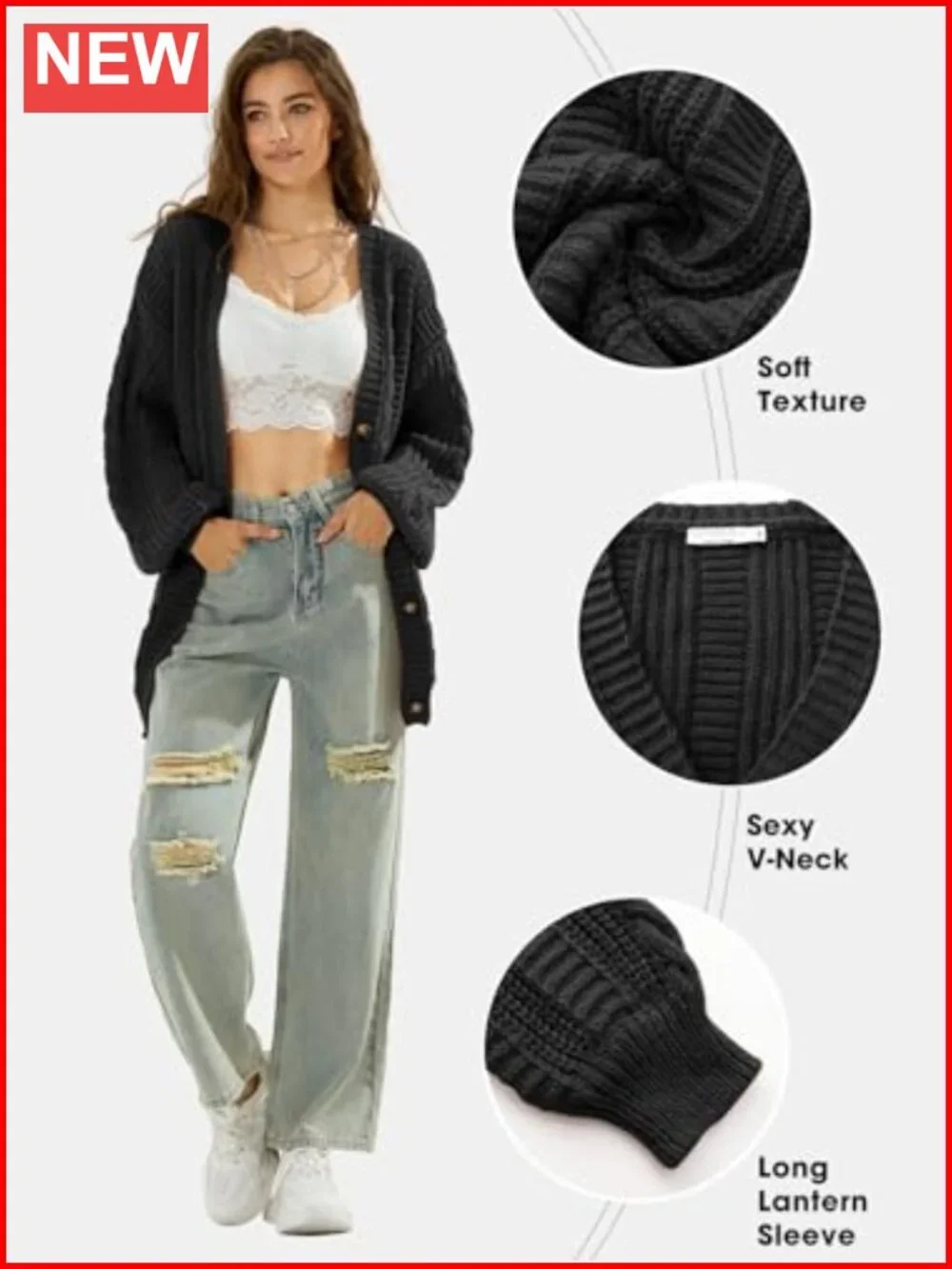 Oversized Cable Knit Cardigan Button Down V-Neck Long Sleeve